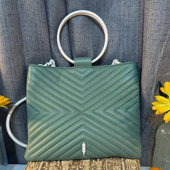 Thacker sea foam green leather Quilted Handbag purse 10” x 8” - Picture 1 of 14
